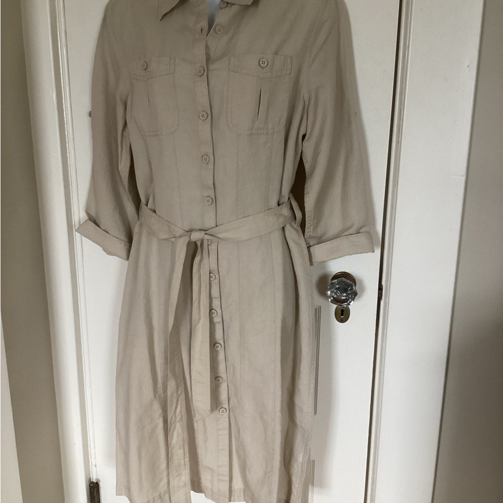 NWOT LL Bean tan linen cotton belted shirt dress MED REG 3/4 sleeve Never Worn - Picture 2 of 14